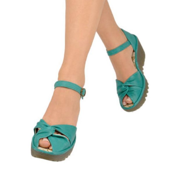 Fly London Shoes - Fly London Green Wedge Leather Sandals Platform Peep Toe Ankle Strap, Sz 37